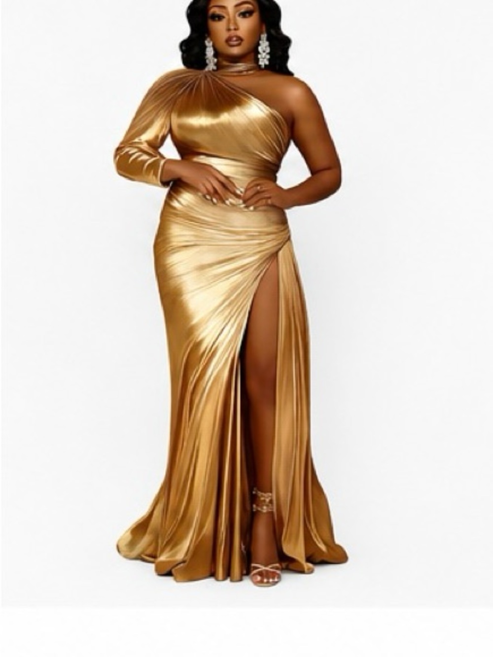 Gold One-Shoulder Metallic Evening Gown